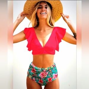 Vibrant Coral/Red Ruffle Bikini Set Tropical Floral Bottoms - Sz M, NWT Sporlike